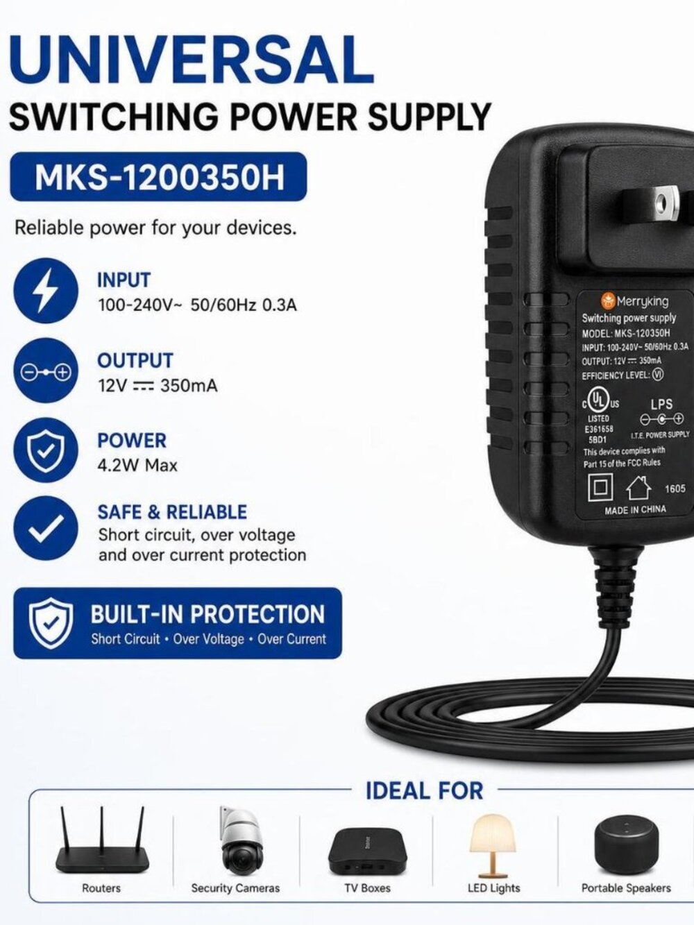 Switching Power Supply - Input 100-240v - 0.3A - Output 12v - 350mA MKS-1200350H